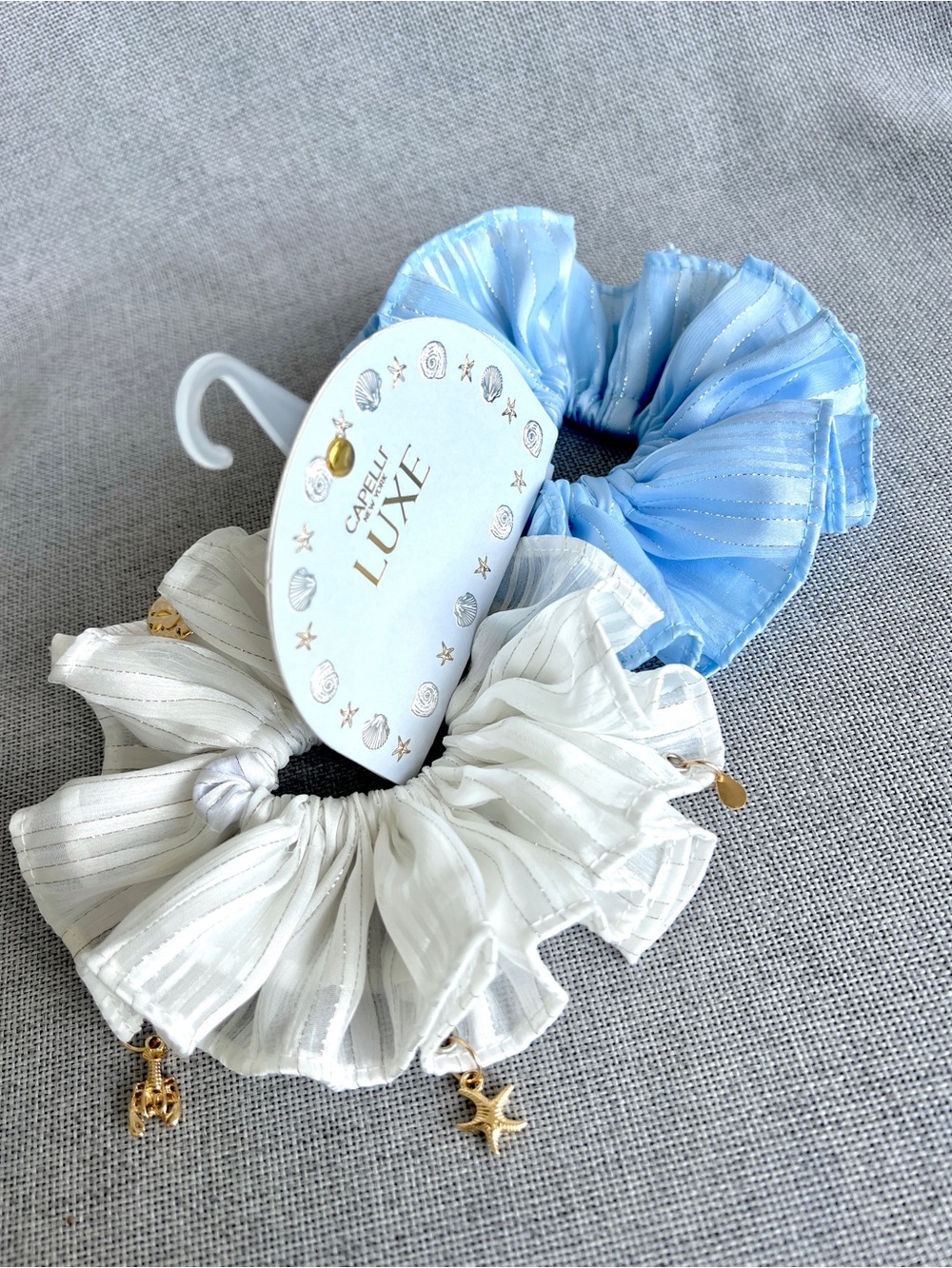 Capelli New York Chiffon Satin Lurex Gold Charms hair 2 scrunchies White Blue